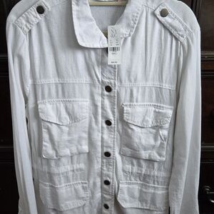 NY&Co White Linen Blend Utility Jacket Safari Style Drawstring Small NWT